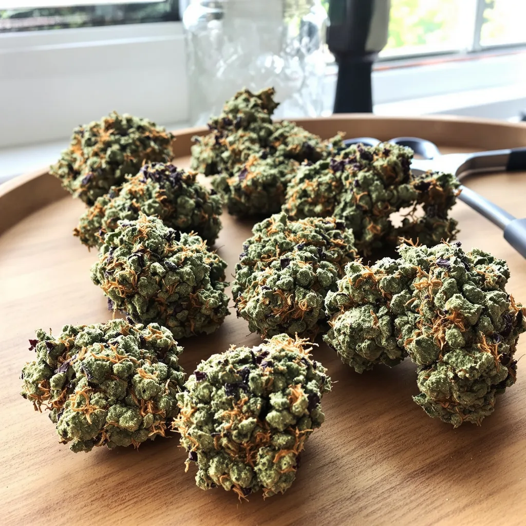 God Bud 50% Indica / 50% Sativa — Blüte mit sichtbaren Trichomen