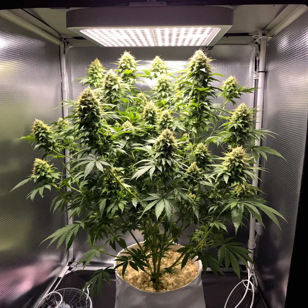 God Bud 50% Indica / 50% Sativa — Blüte mit sichtbaren Trichomen