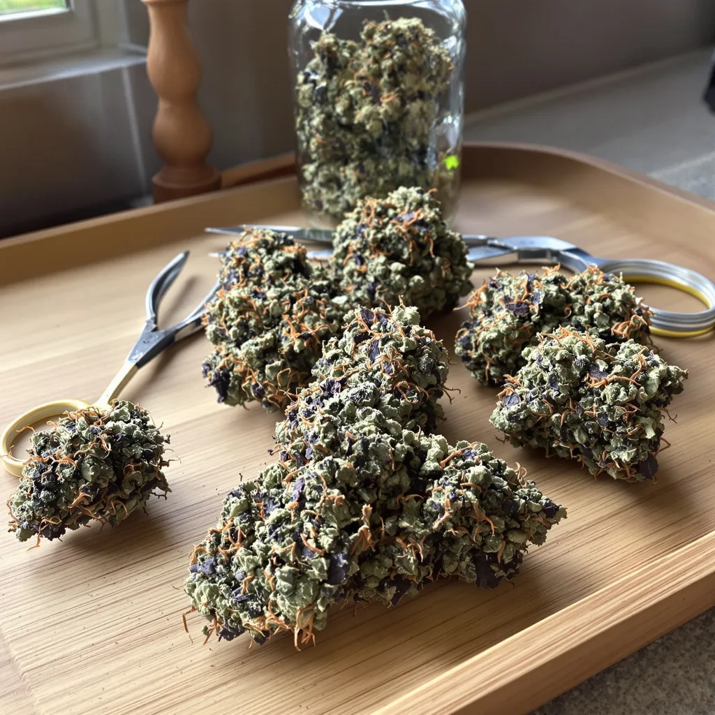 God's Gift 90% Indica / 10% Sativa — Blüte mit sichtbaren Trichomen