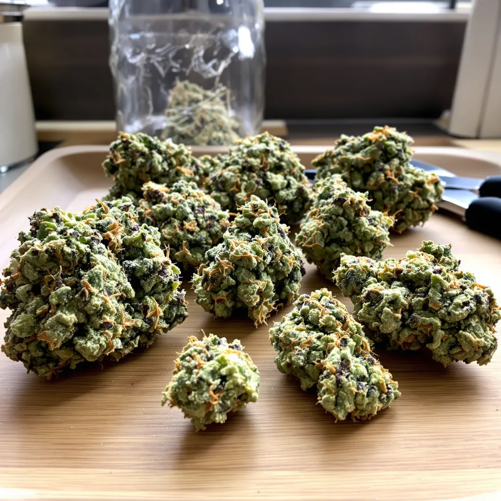 Godzilla Cookies 49% Indica / 51% Sativa — Blüte mit sichtbaren Trichomen