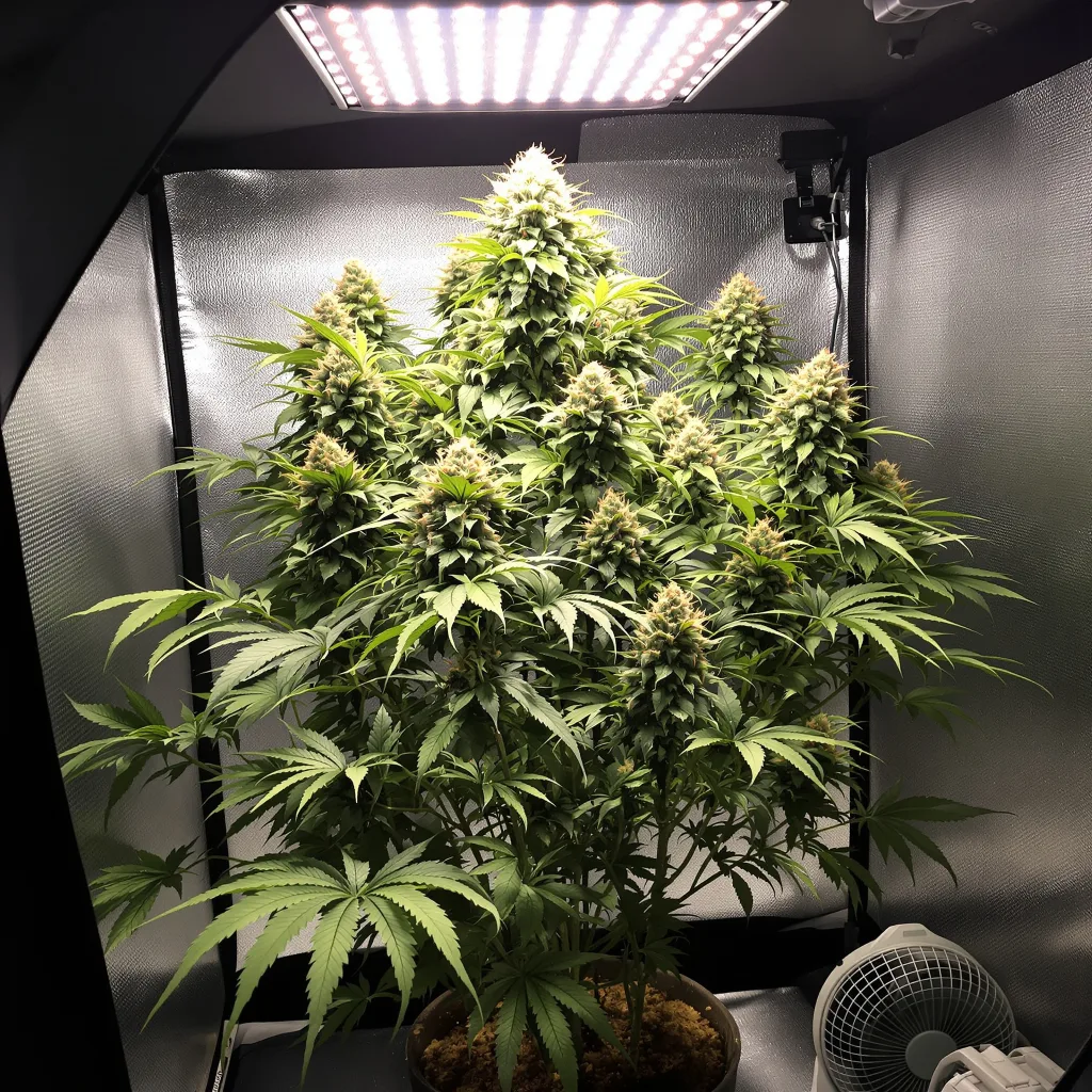 Godzilla Cookies 49% Indica / 51% Sativa — Blüte mit sichtbaren Trichomen