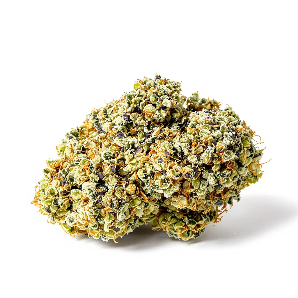 Godzilla Cookies 49% Indica / 51% Sativa — Blüte mit sichtbaren Trichomen