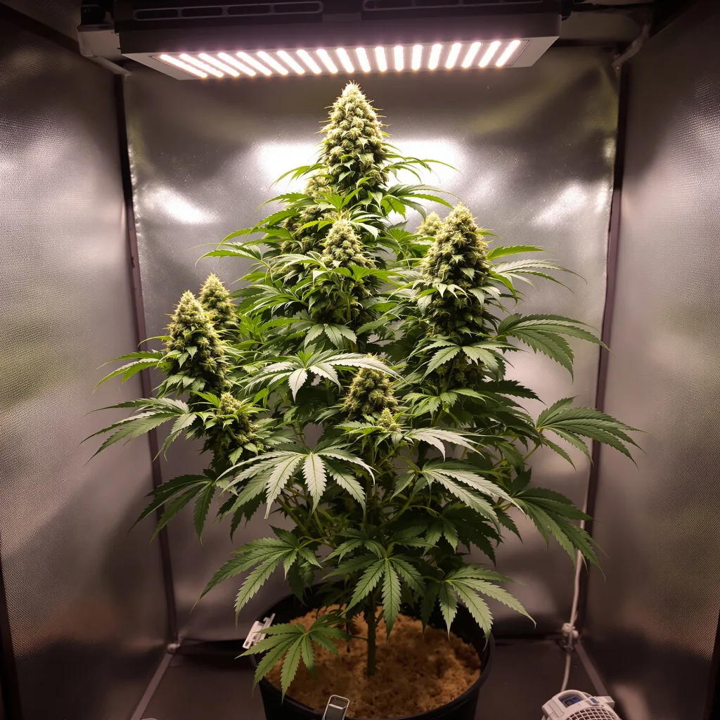 Godzilla Glue 69% Indica / 31% Sativa — Blüte mit sichtbaren Trichomen