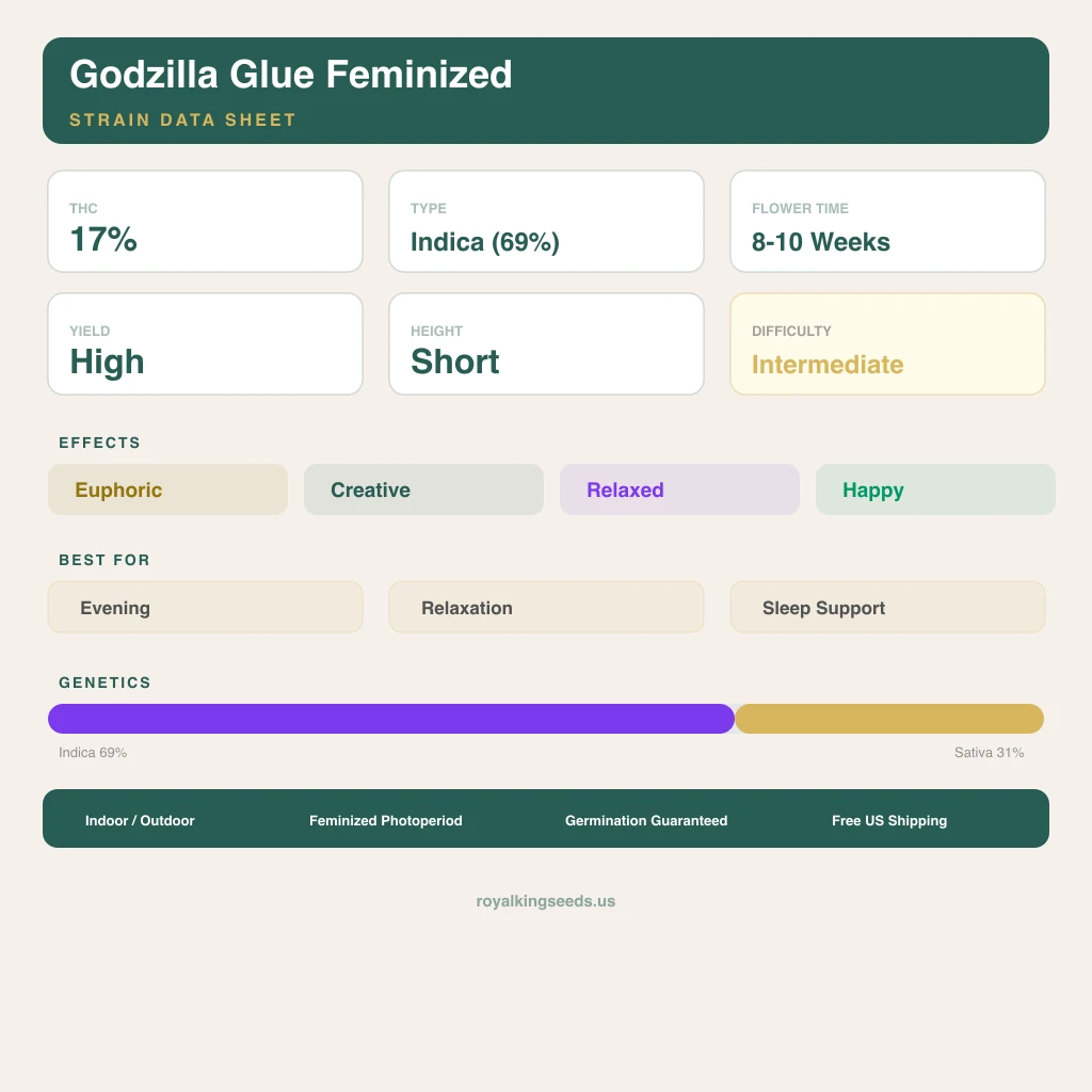 Godzilla Glue 69% Indica / 31% Sativa — Blüte mit sichtbaren Trichomen