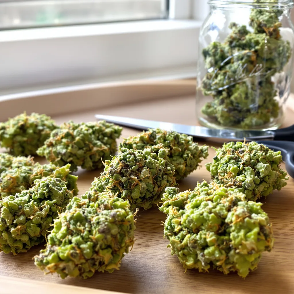 Goji OG 20% Indica / 80% Sativa — Blüte mit sichtbaren Trichomen
