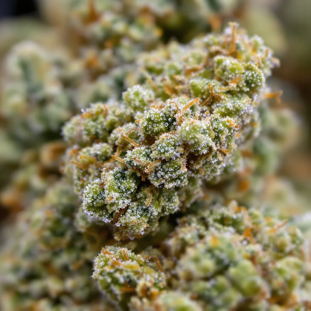 Goji OG Cannabisblüte Nahaufnahme mit luftige limonengrüne Struktur