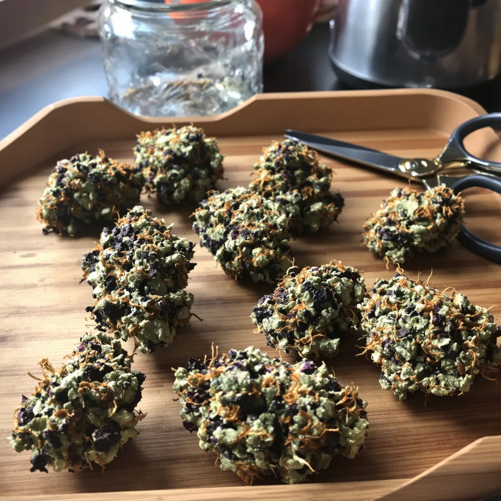 Goji OG Haze 71% Indica / 29% Sativa — Blüte mit sichtbaren Trichomen