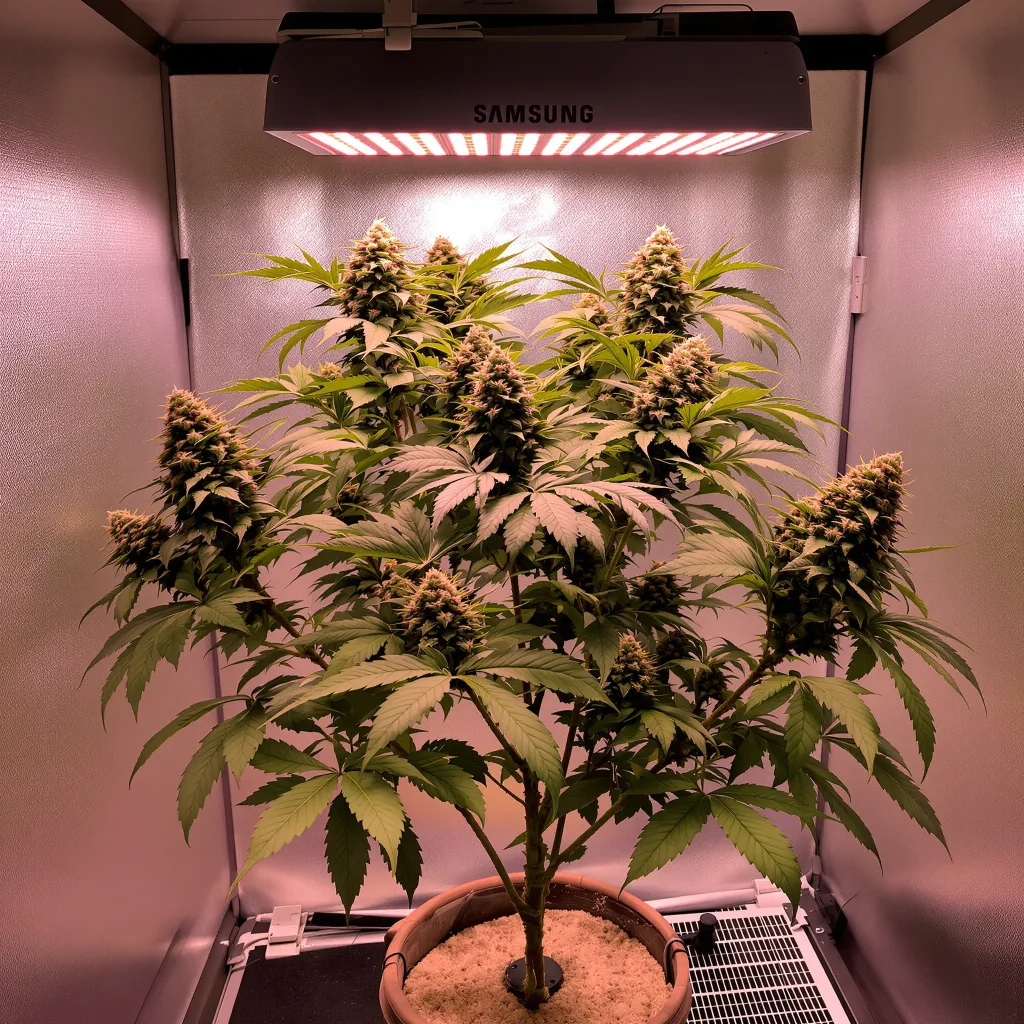 Goji OG Haze 71% Indica / 29% Sativa — Blüte mit sichtbaren Trichomen