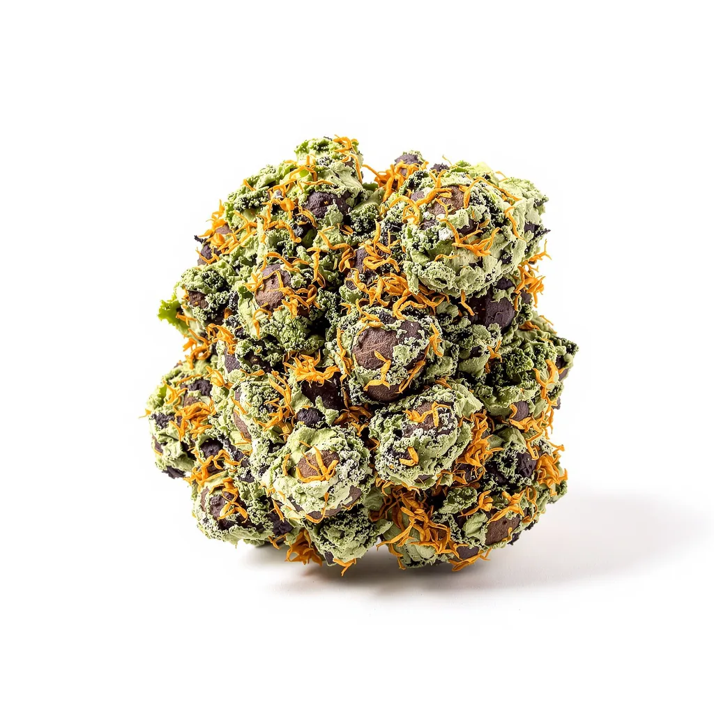 Goji OG Haze 71% Indica / 29% Sativa — Blüte mit sichtbaren Trichomen