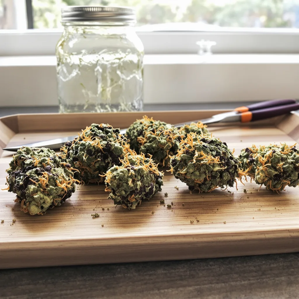 Goldberry 66% Indica / 34% Sativa — Blüte mit sichtbaren Trichomen