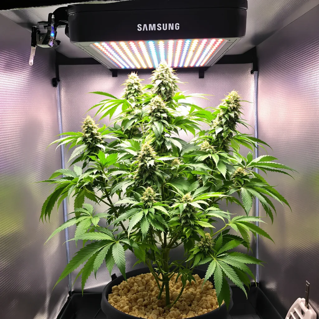 Goo 74% Indica / 26% Sativa — Blüte mit sichtbaren Trichomen