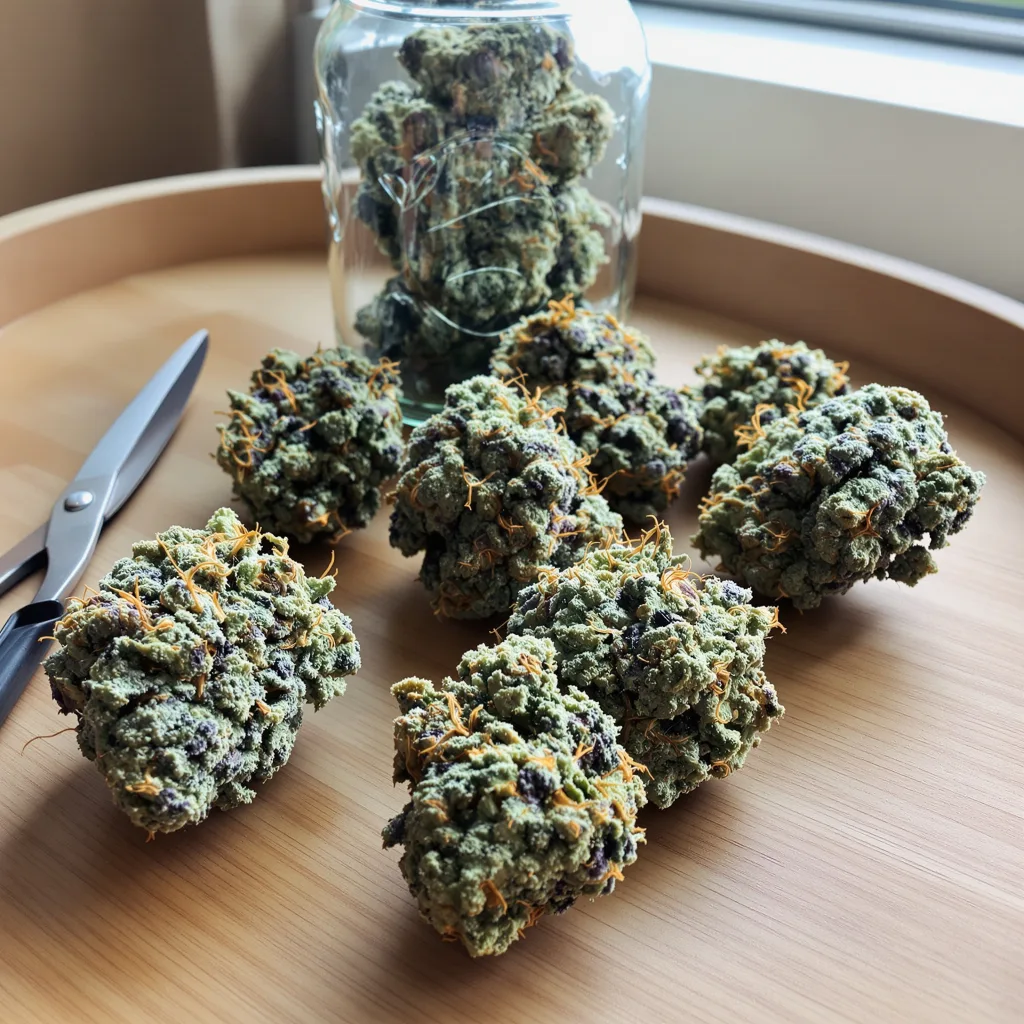 Gorilla Glue 51% Indica / 49% Sativa — Blüte mit sichtbaren Trichomen