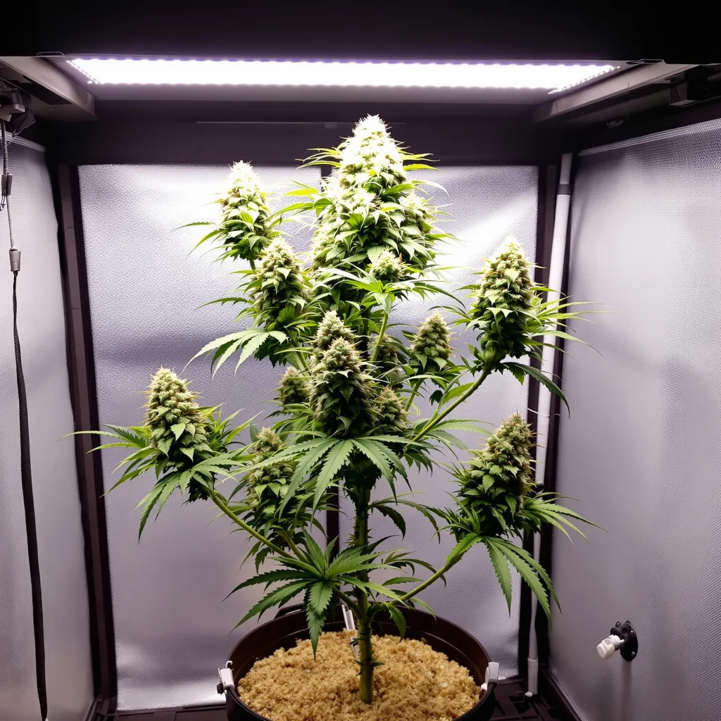 Gorilla Glue 51% Indica / 49% Sativa — Blüte mit sichtbaren Trichomen