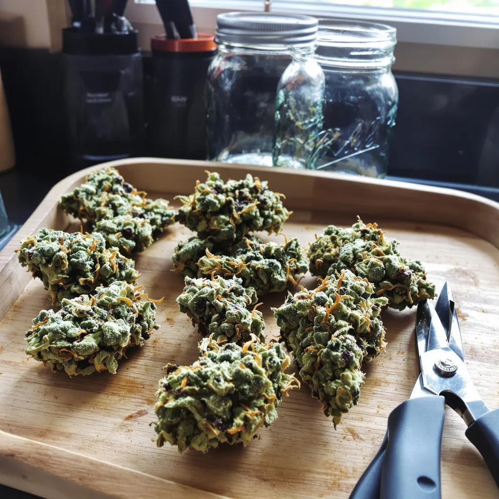 Gorilla Nut 49% Indica / 51% Sativa — Blüte mit sichtbaren Trichomen