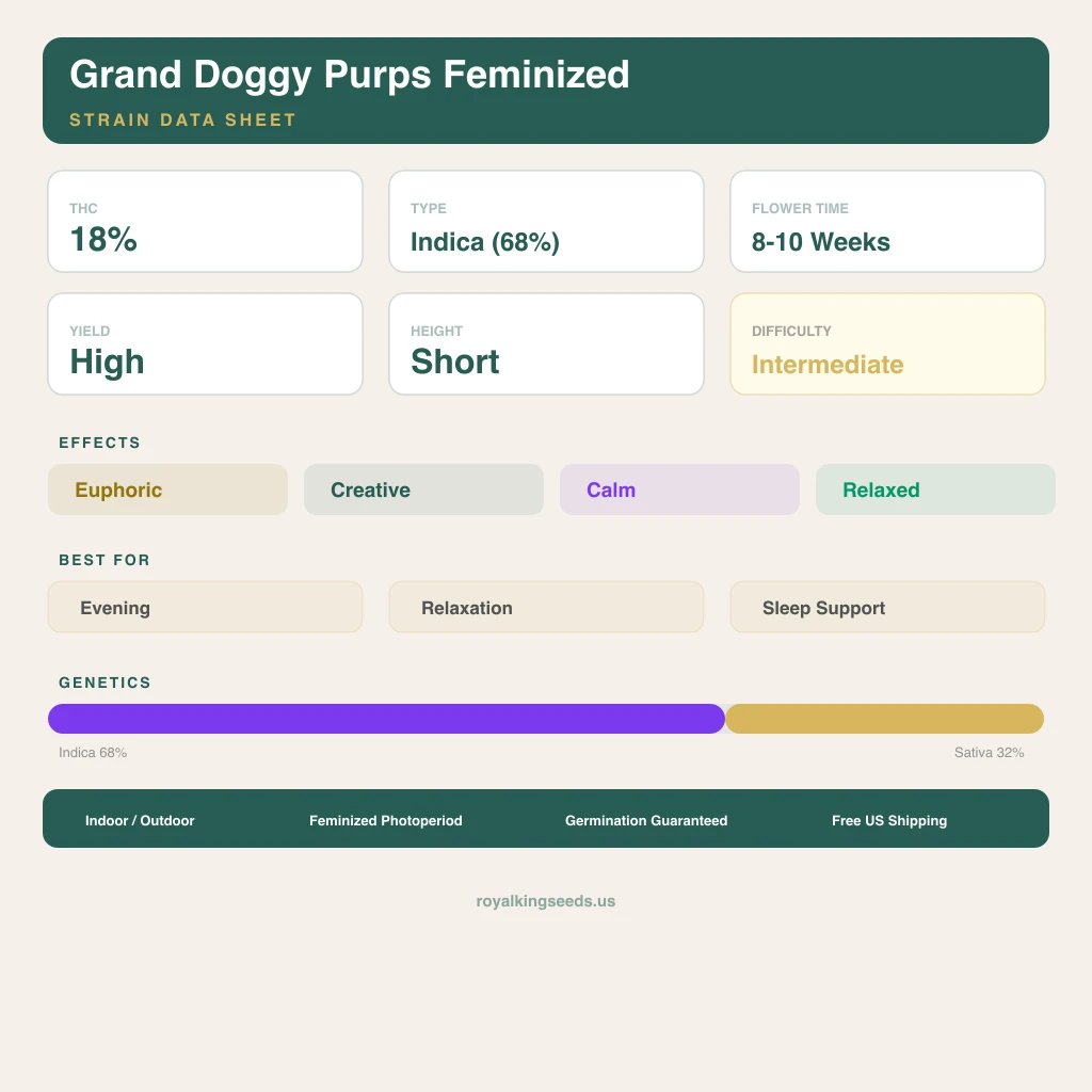 Grand Doggy Purps 68% Indica / 32% Sativa — Blüte mit sichtbaren Trichomen