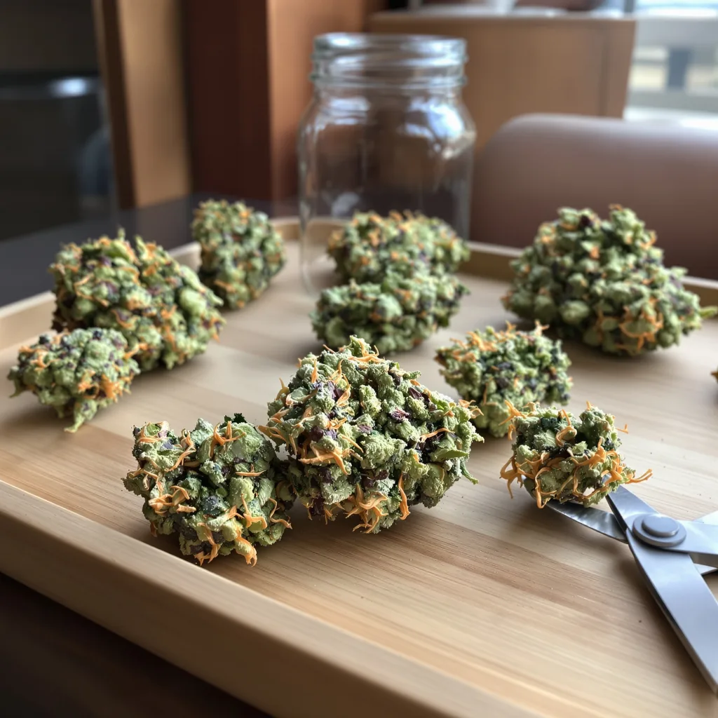 Grandmas Sugar Cookies 58% Indica / 42% Sativa — Blüte mit sichtbaren Trichomen