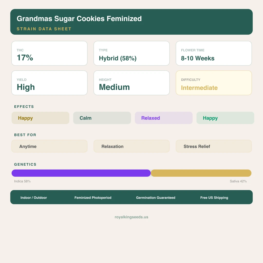 Grandmas Sugar Cookies 58% Indica / 42% Sativa — Blüte mit sichtbaren Trichomen