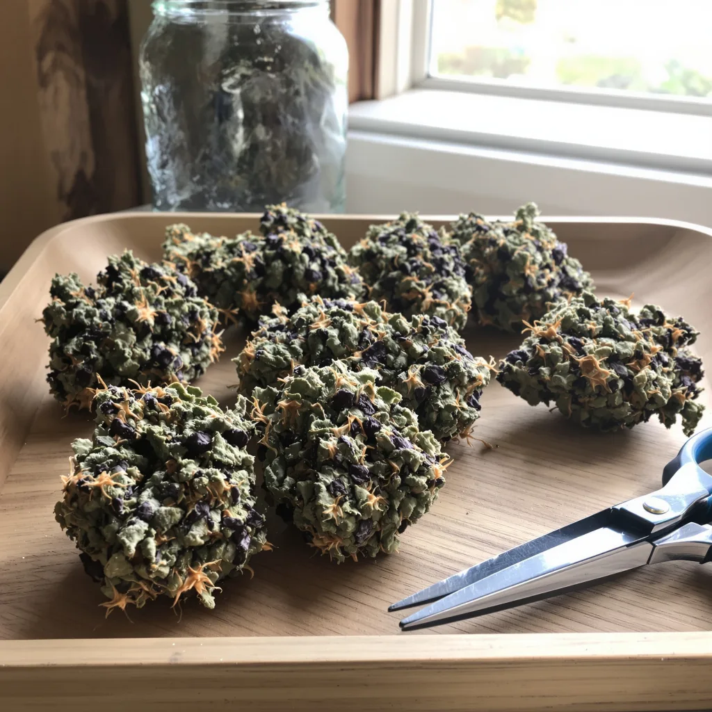 Grandmommy Purple 76% Indica / 24% Sativa — Blüte mit sichtbaren Trichomen