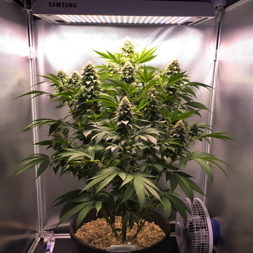 Grandmommy Purple 76% Indica / 24% Sativa — Blüte mit sichtbaren Trichomen
