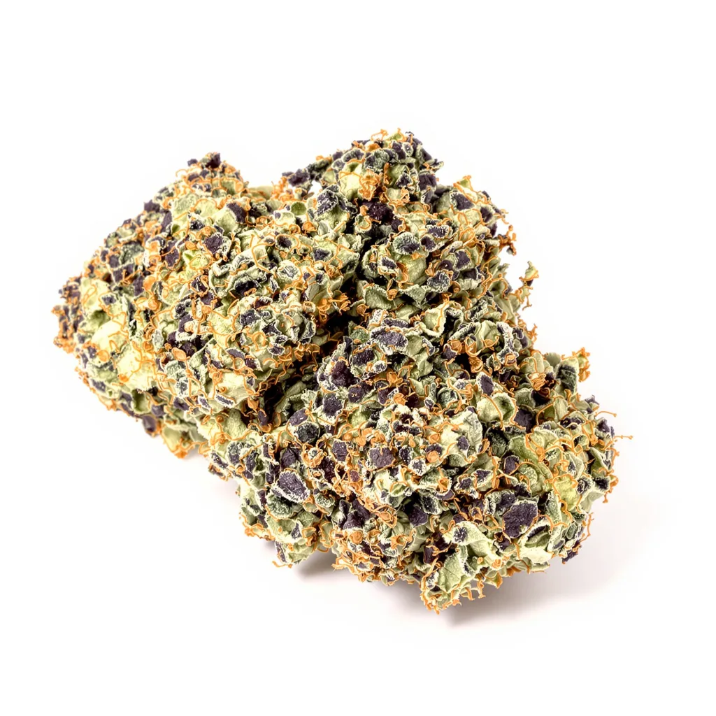 Grandmommy Purple 76% Indica / 24% Sativa — Blüte mit sichtbaren Trichomen