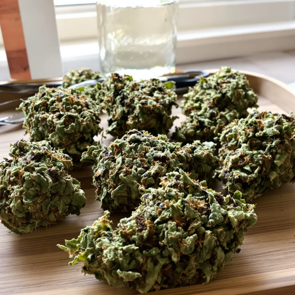 Grape Ape 68% Indica / 32% Sativa — Blüte mit sichtbaren Trichomen
