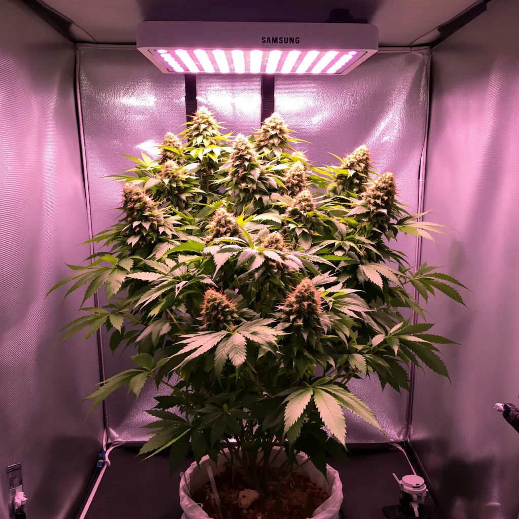 Grape Ape 68% Indica / 32% Sativa — Blüte mit sichtbaren Trichomen