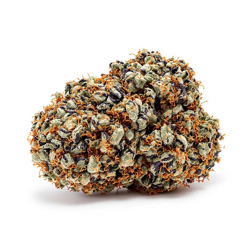 Grape Ape 68% Indica / 32% Sativa — Blüte mit sichtbaren Trichomen