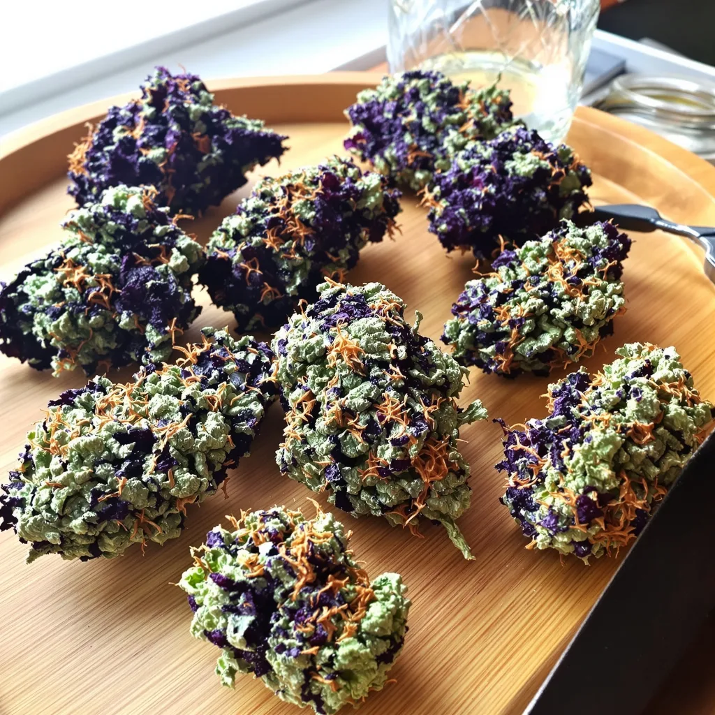 Grape Inferno 79% Indica / 21% Sativa — Blüte mit sichtbaren Trichomen