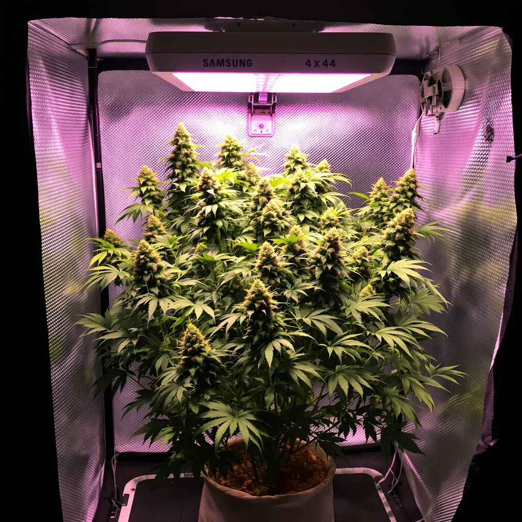 Grape Inferno 79% Indica / 21% Sativa — Blüte mit sichtbaren Trichomen