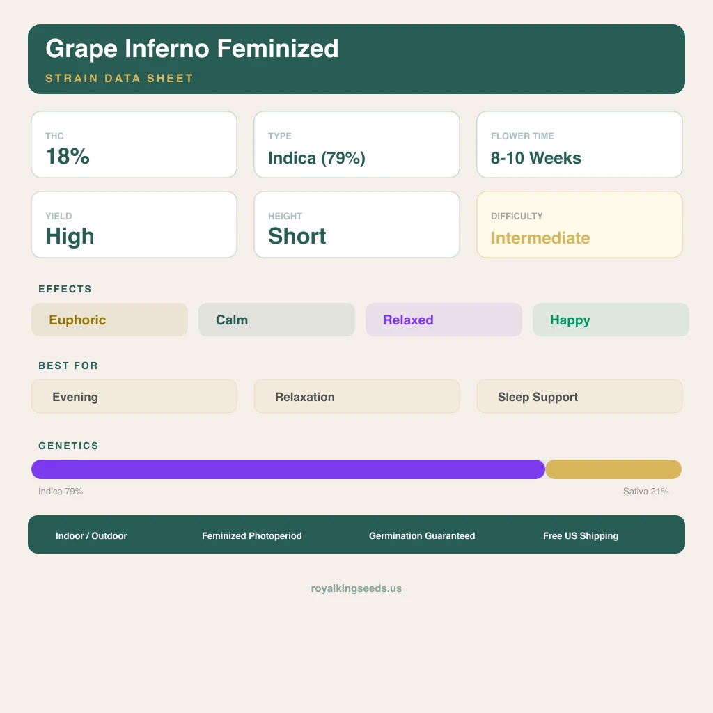 Grape Inferno 79% Indica / 21% Sativa — Blüte mit sichtbaren Trichomen