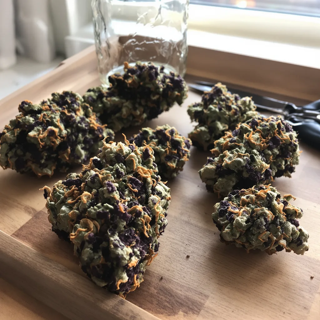 Grape Skunk 88% Indica / 12% Sativa — Blüte mit sichtbaren Trichomen