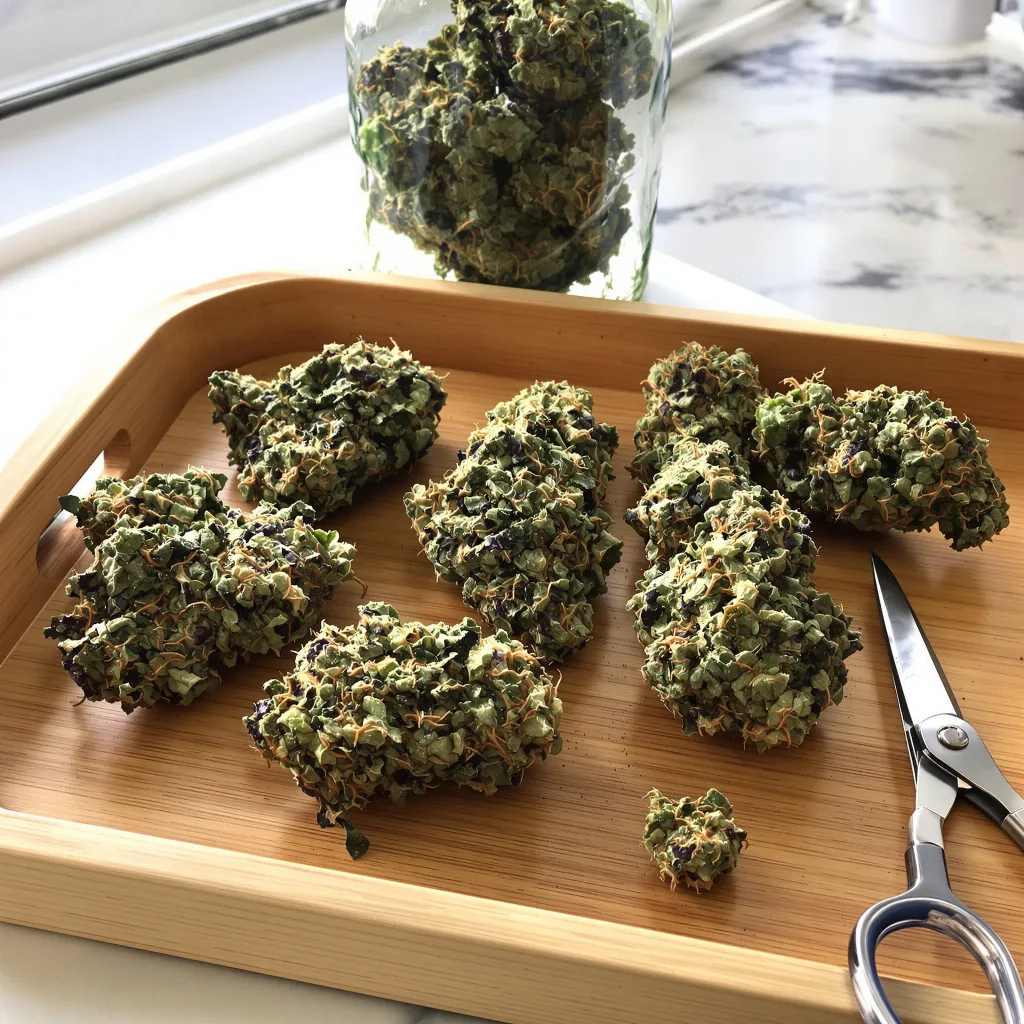 Grape Stomper 75% Indica / 25% Sativa — Blüte mit sichtbaren Trichomen