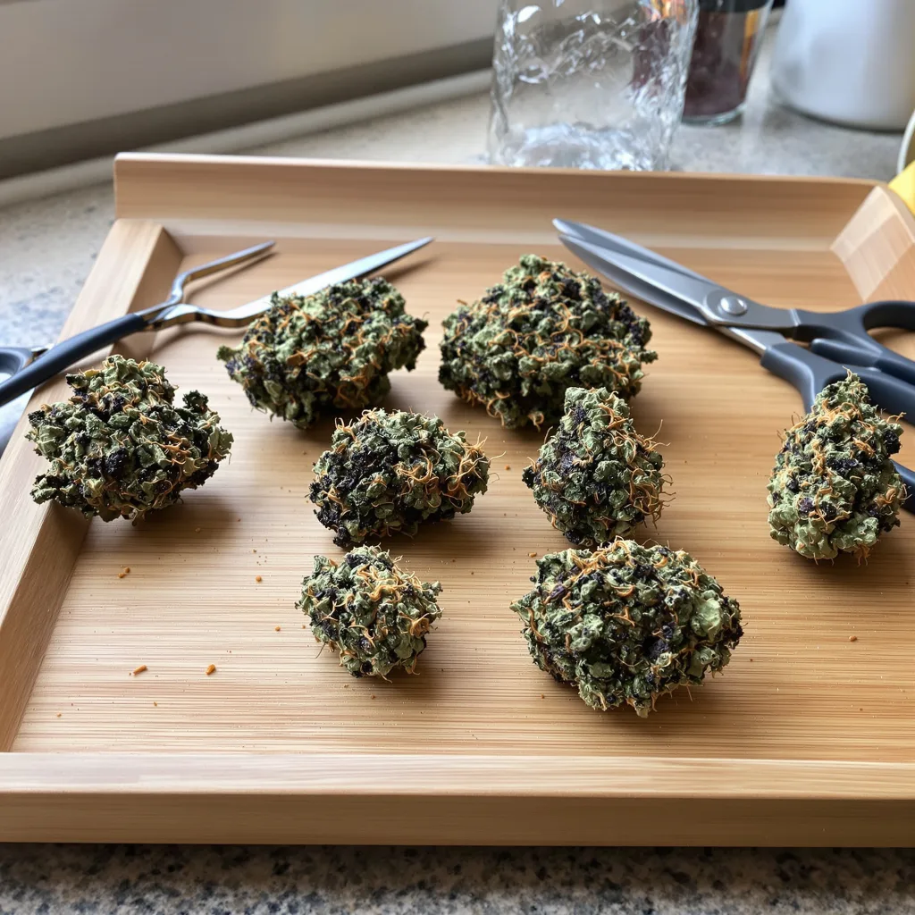 Grape Valley Kush 81% Indica / 19% Sativa — Blüte mit sichtbaren Trichomen