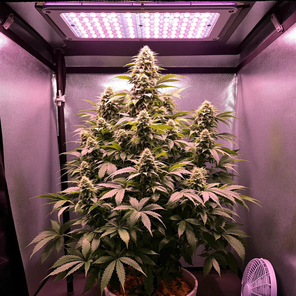 Grape Valley Kush 81% Indica / 19% Sativa — Blüte mit sichtbaren Trichomen