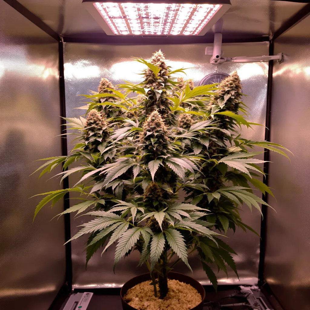 Grapefruit Kush 70% Indica / 30% Sativa — Blüte mit sichtbaren Trichomen
