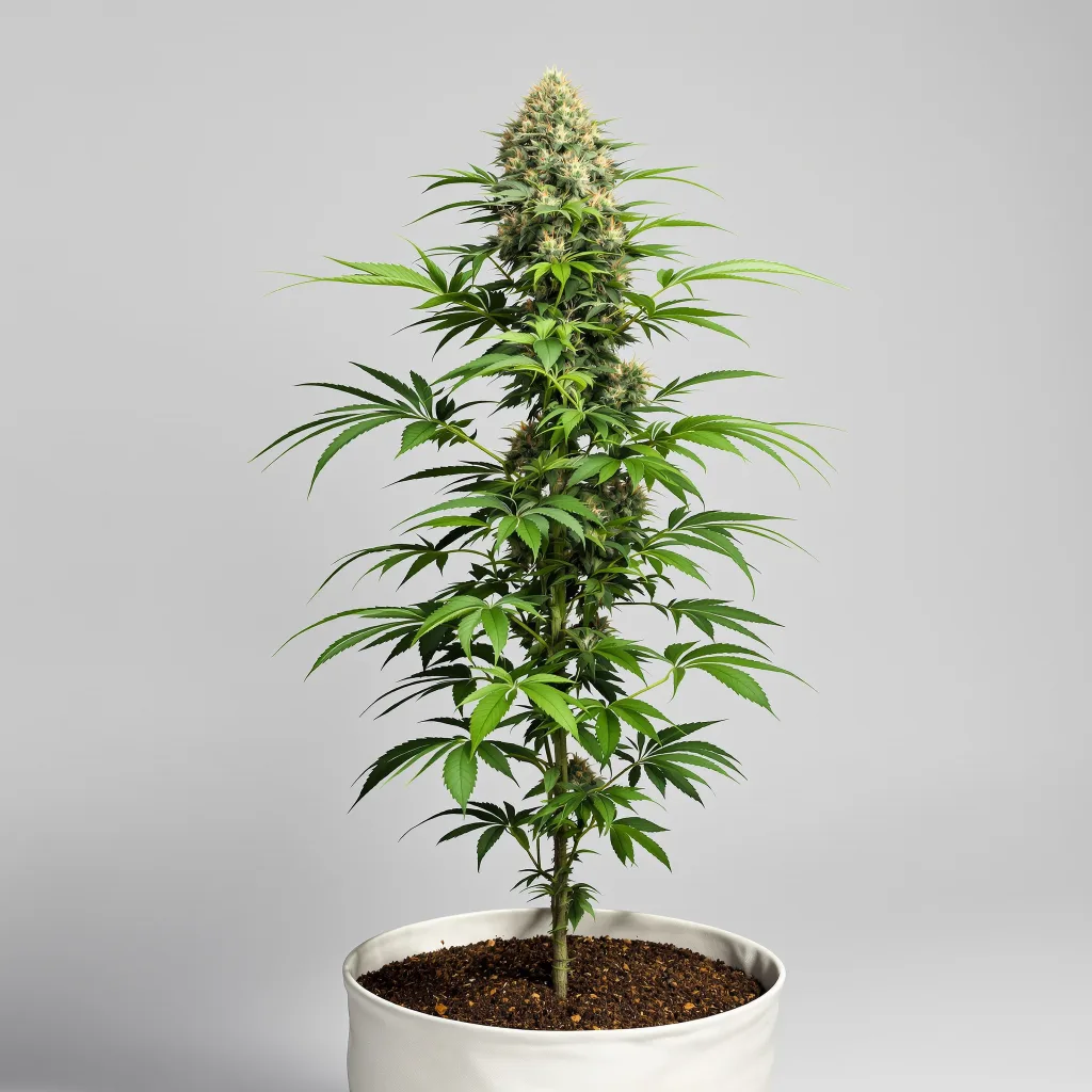 Green Avenger Cannabisblüte Nahaufnahme mit ausgewogene Blütenstruktur mit eisigen Trichomen