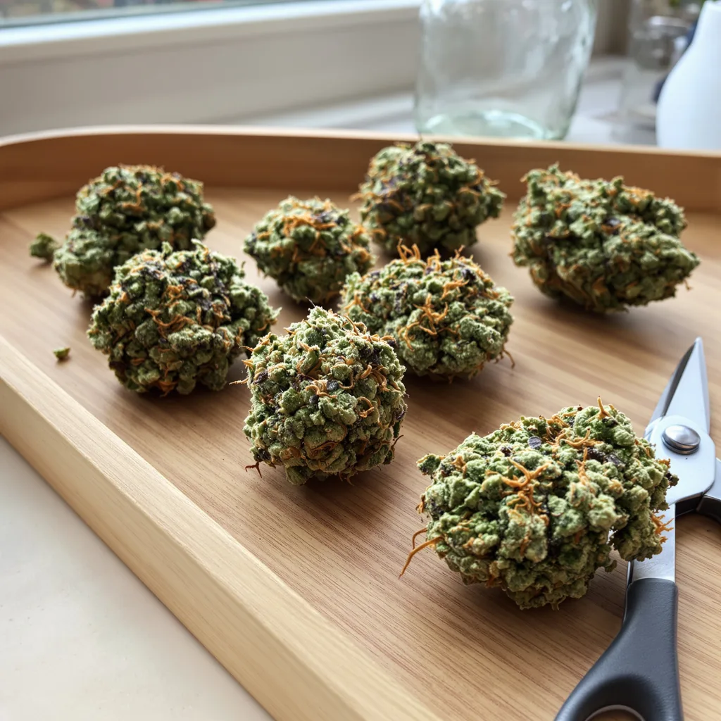 Green Avenger 47% Indica / 53% Sativa — Blüte mit sichtbaren Trichomen