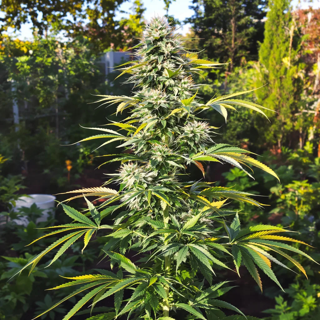 Green Avenger 47% Indica / 53% Sativa — Blüte mit sichtbaren Trichomen