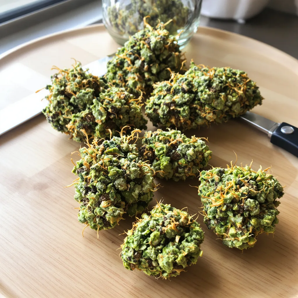 Green Dream 18% Indica / 82% Sativa — Blüte mit sichtbaren Trichomen