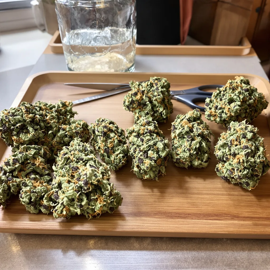 Green Goddess 75% Indica / 25% Sativa — Blüte mit sichtbaren Trichomen