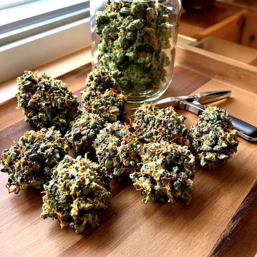 Green Kush 36% Indica / 64% Sativa — Blüte mit sichtbaren Trichomen