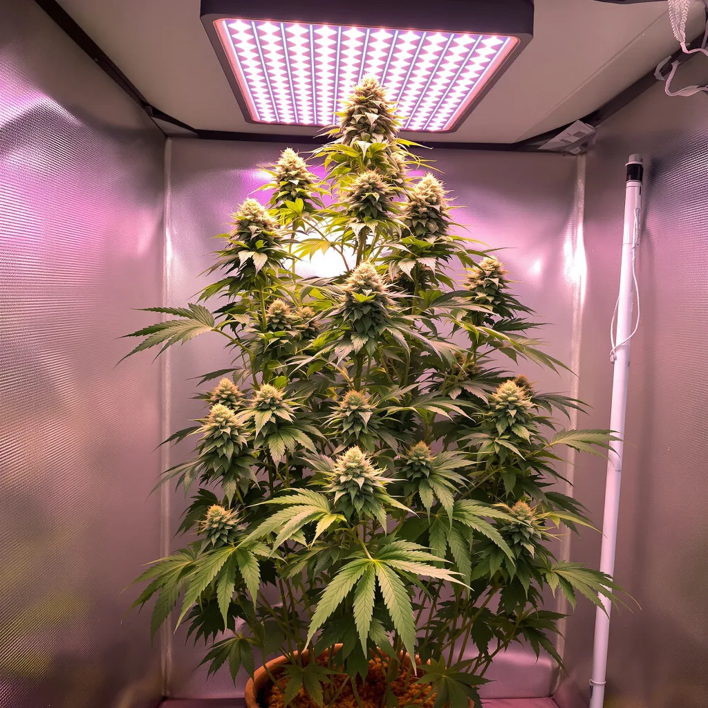 Green Kush 36% Indica / 64% Sativa — Blüte mit sichtbaren Trichomen