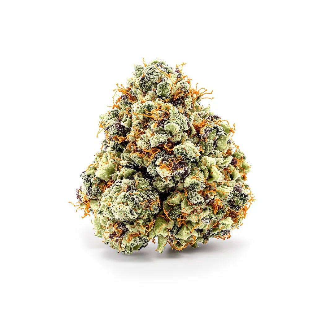 Green Kush 36% Indica / 64% Sativa — Blüte mit sichtbaren Trichomen