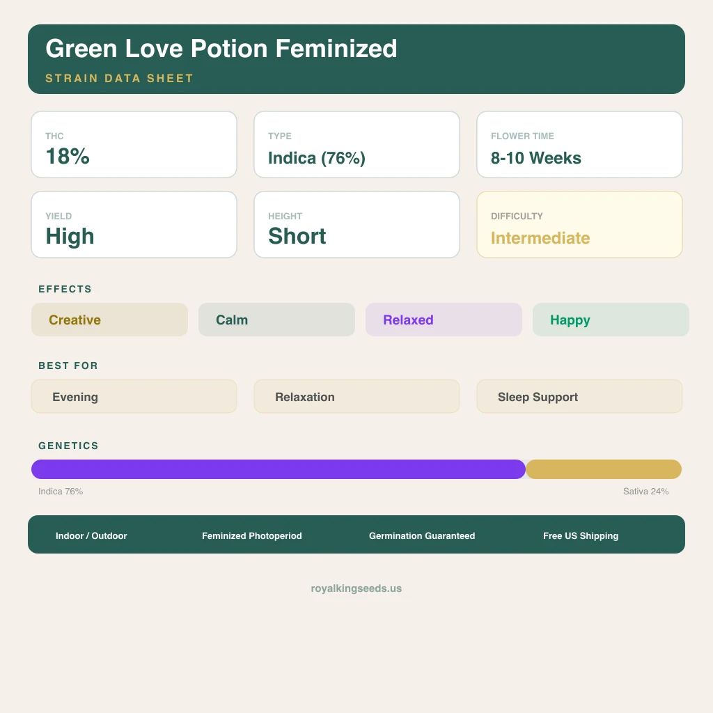 Green Love Potion 76% Indica / 24% Sativa — Blüte mit sichtbaren Trichomen