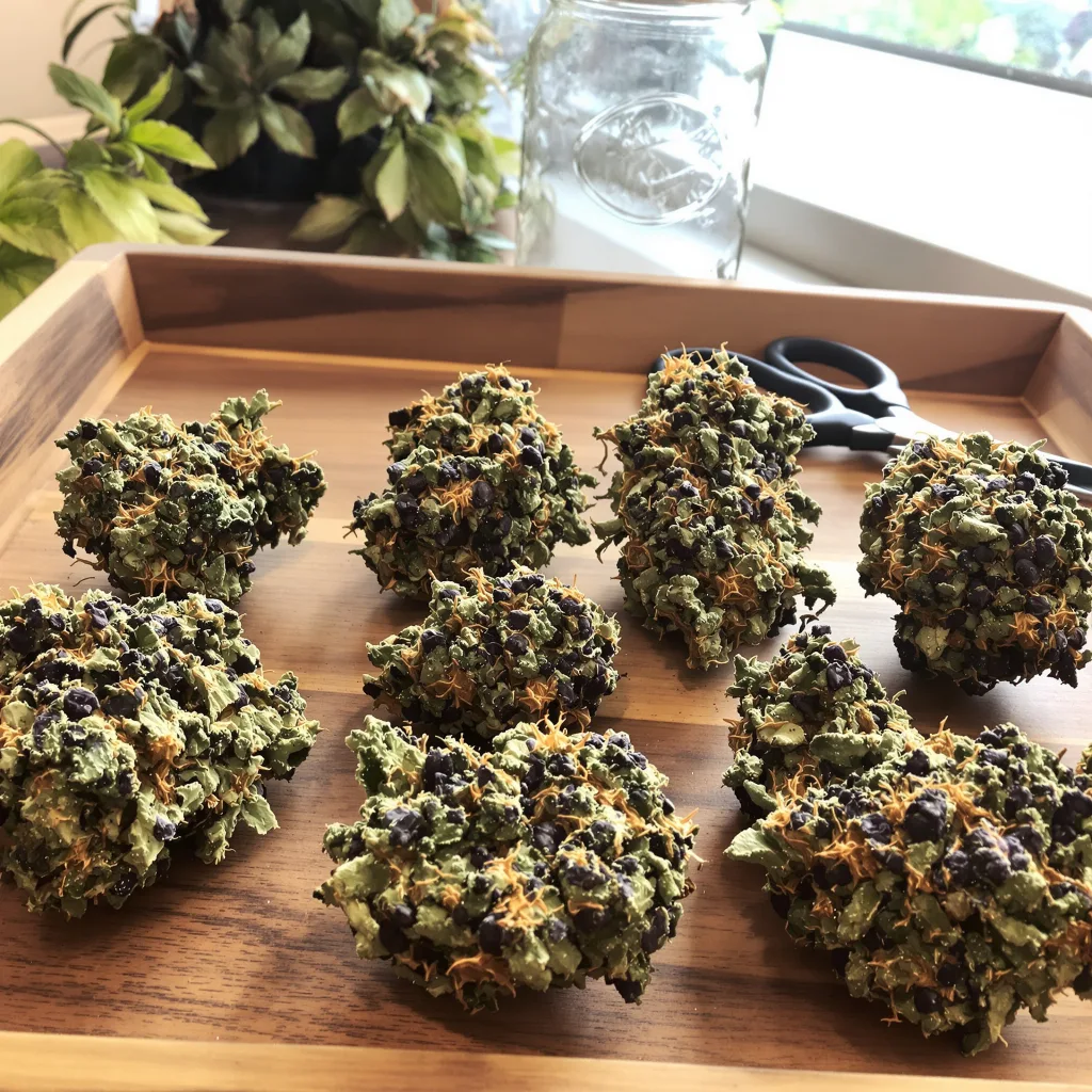 Grimace 79% Indica / 21% Sativa — Blüte mit sichtbaren Trichomen