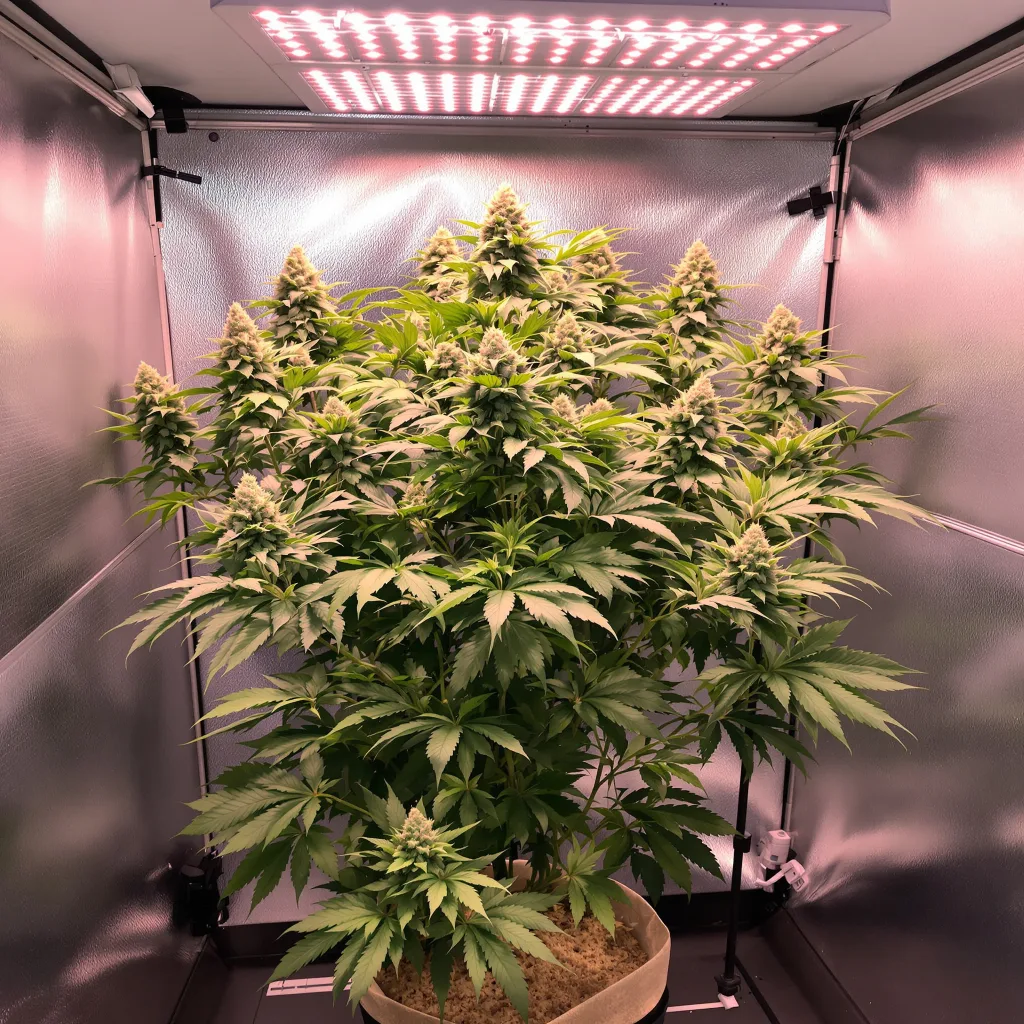Grimace 79% Indica / 21% Sativa — Blüte mit sichtbaren Trichomen