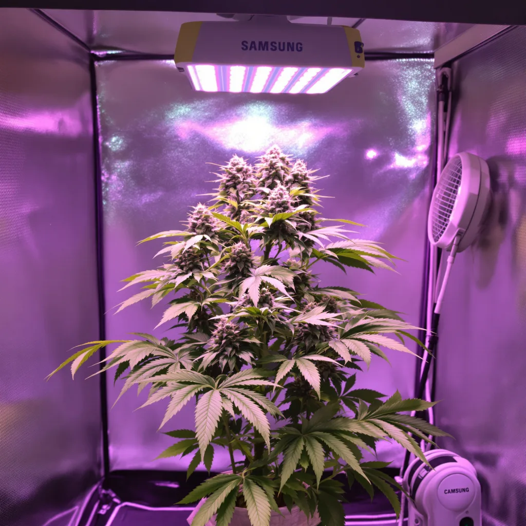 Guard Dawg 88% Indica / 12% Sativa — Blüte mit sichtbaren Trichomen