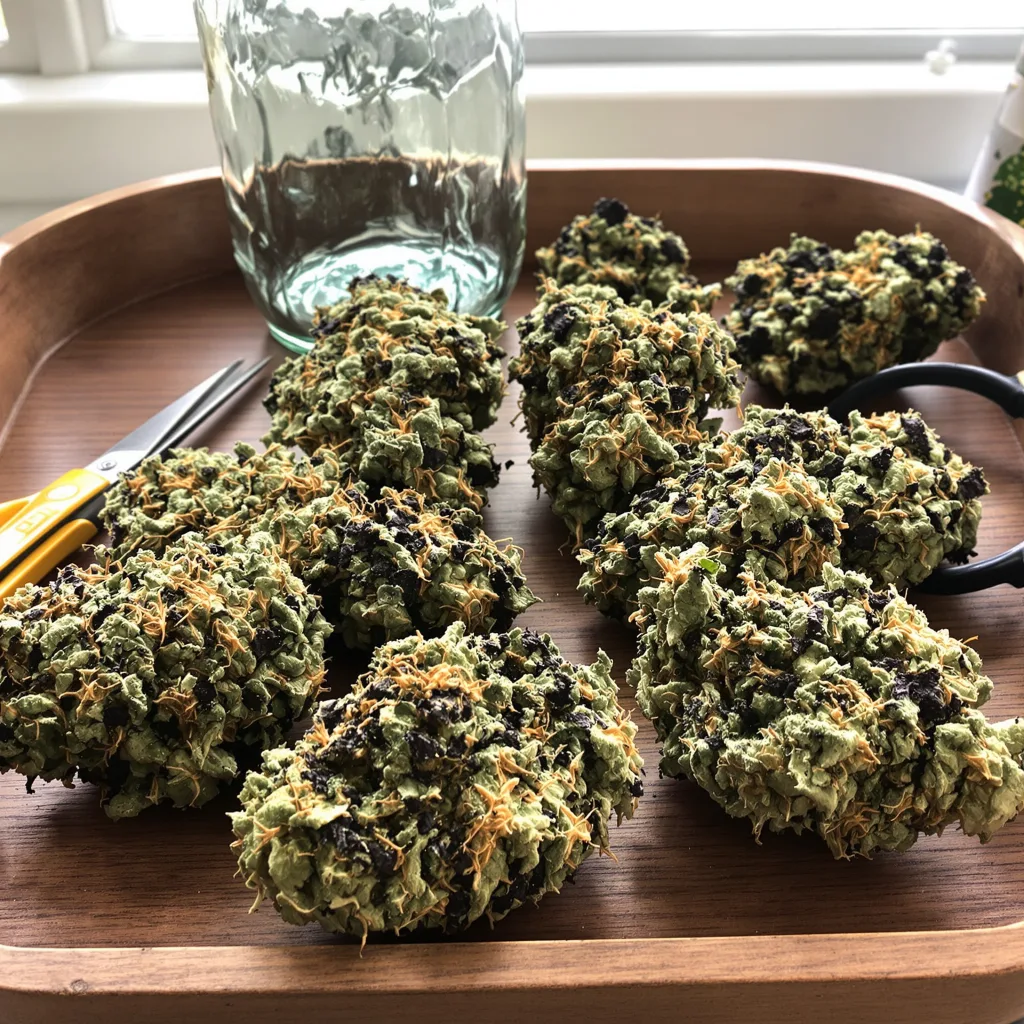 Gutbuster 77% Indica / 23% Sativa — Blüte mit sichtbaren Trichomen