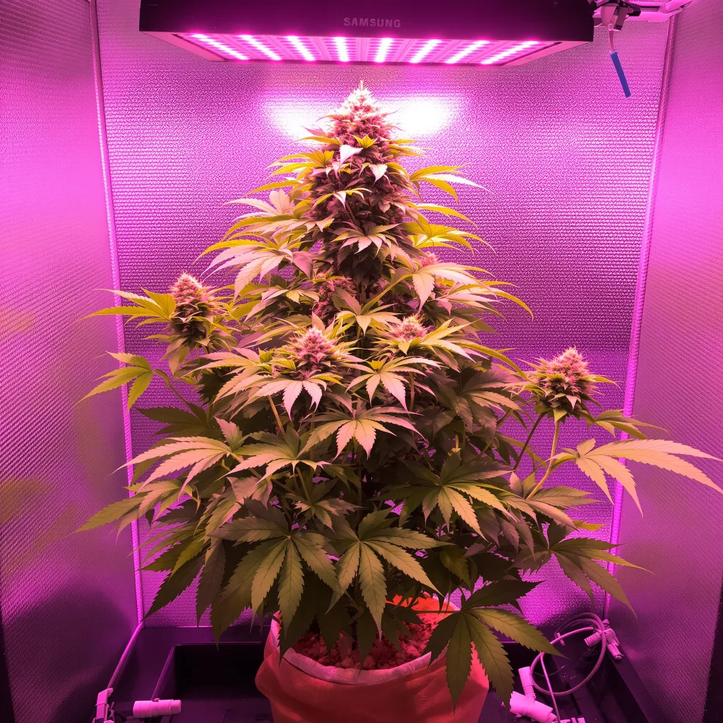 Gutbuster 77% Indica / 23% Sativa — Blüte mit sichtbaren Trichomen