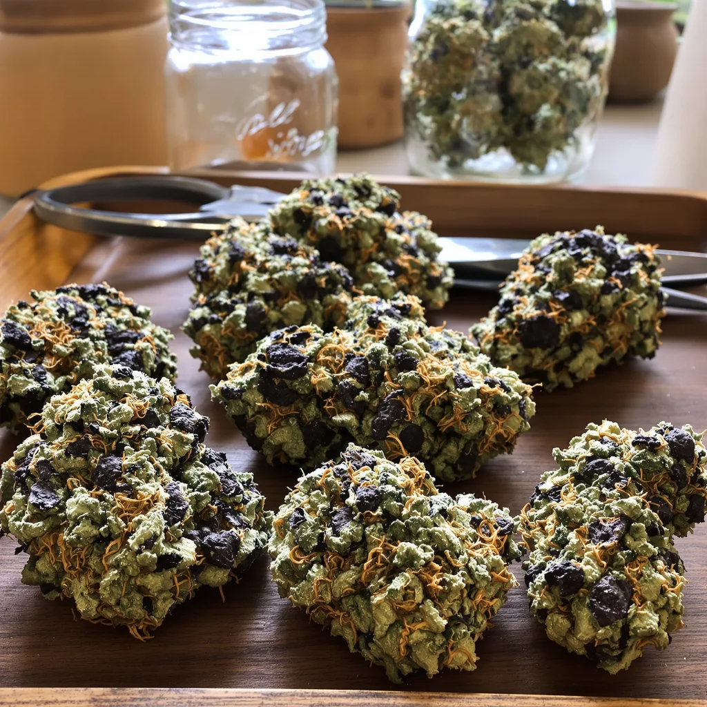 Hashbar OG 65% Indica / 35% Sativa — Blüte mit sichtbaren Trichomen